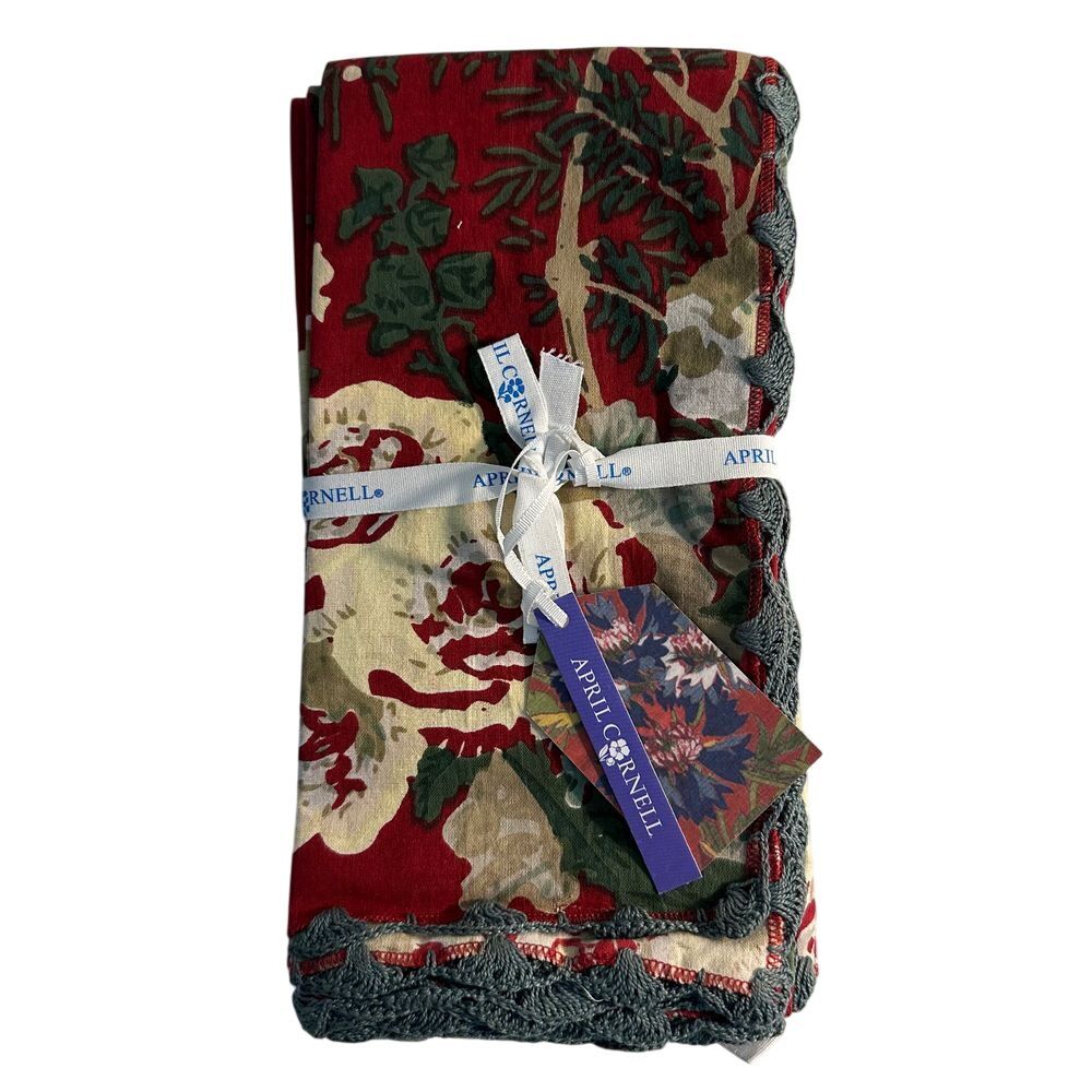 April‎ Cornell Olivia Floral Napkins Set of 4 Red Green Crochet Trim Holiday NEW